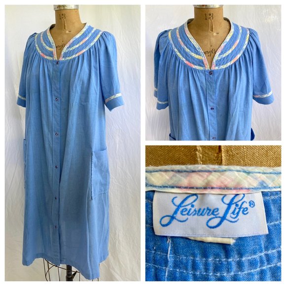 vtg 60s LEISURE LIFE Blue Snap Retro House Dress Coat Lounge Robe Cottagecore L - Picture 1 of 8